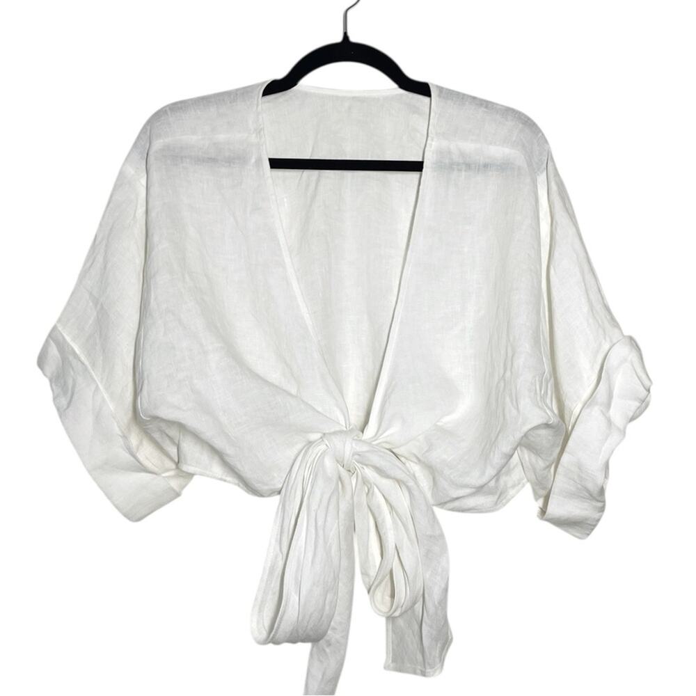 Three Graces White Linen Casual Coastal Neutral Minimalist Tie Up Crop Top